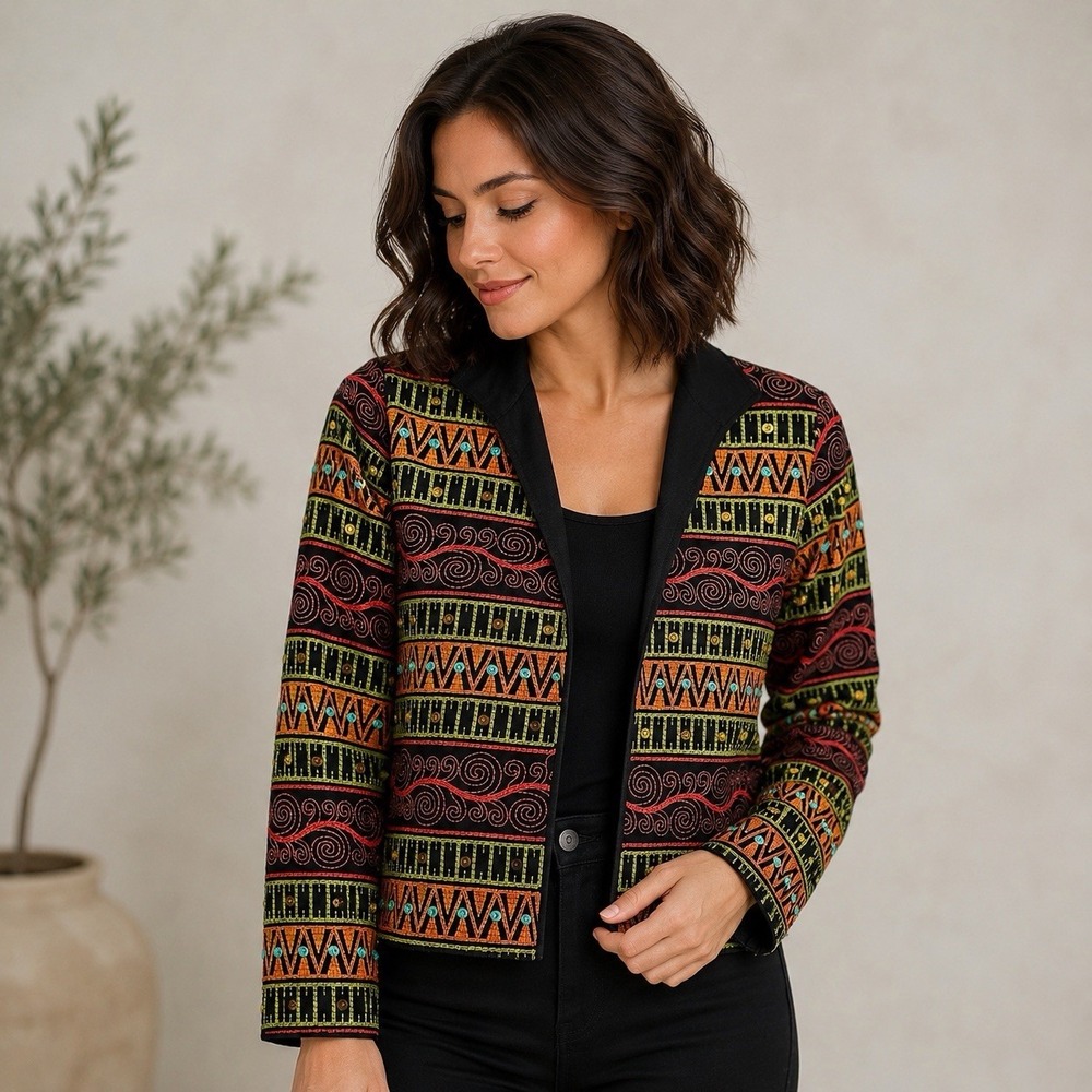 Silk Club Petite Embroidered Jacket Women 8 Medium Black Beaded Artsy Boho